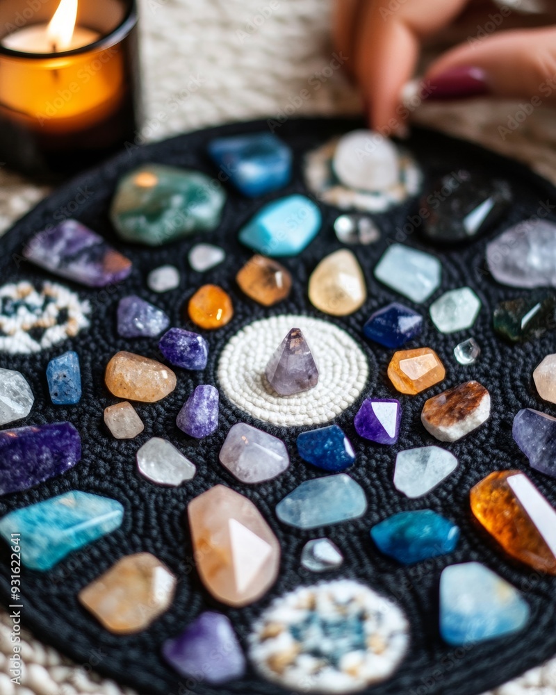 Poster top-down view of a person placing crystals in a specific pattern on a manifestation mat, creating a 