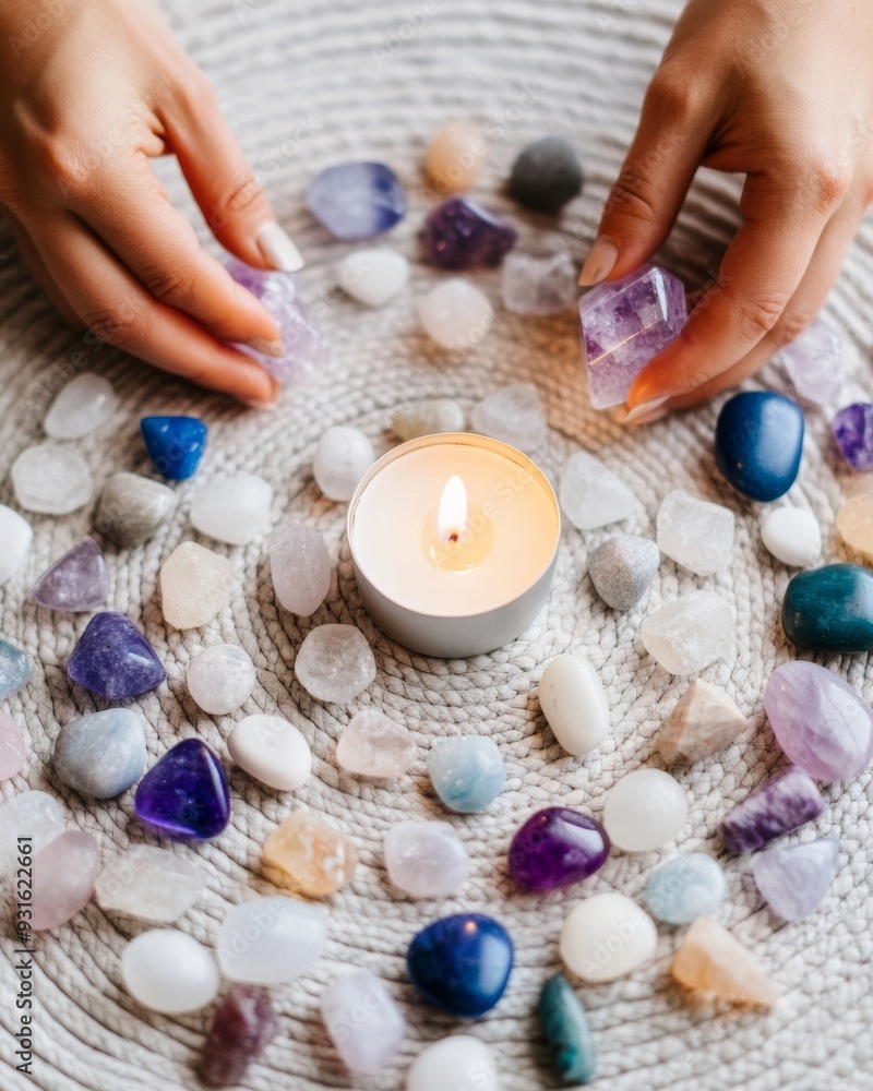 Poster top-down view of a person placing crystals in a specific pattern on a manifestation mat, creating a 