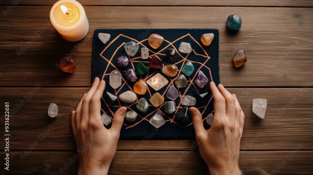 Poster top-down view of a person placing crystals in a specific pattern on a manifestation mat, creating a 