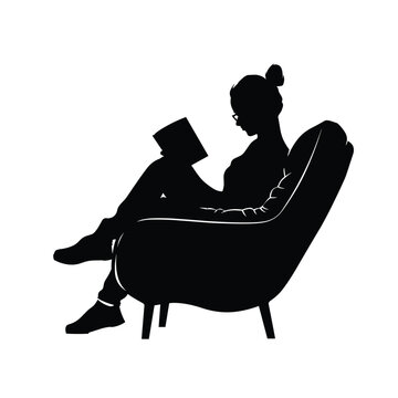 recommend clip art: Silhouette of a woman reading a book in a comfortable chair.