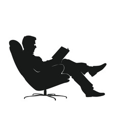 Silhouette of a man reading a book while lounging in a comfortable chair against a plain background.