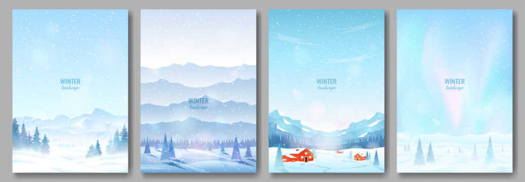 Collection of winter landscapes. Snow-covered mountains, fir trees in snowdrifts, rural houses or hotels of a ski resort. Snowfall. Design for card, flyer, invitation, advertisement, brochure.