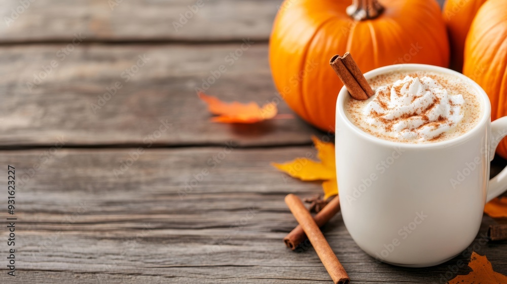 Canvas Prints Warm pumpkin spice latte adorned with a cinnamon stick rests on a rustic wooden table symbolizing the cozy essence of Octobers autumn season 