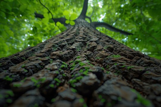 A majestic upward view of a tree trunk with textured bark and vibrant green leaves captured in a serene forest, showcasing the intricate details of nature's beauty