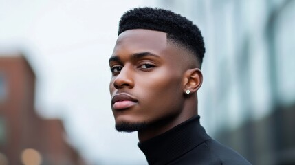 Wide shot of a man with a Boosie fade haircut walking down the street, showcasing the clean lines and sharp fade, urban background 