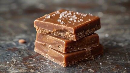 A delectable stack of three rich, creamy, milk chocolate fudge pieces topped with a light sprinkling of sea salt, captured in exquisite detail