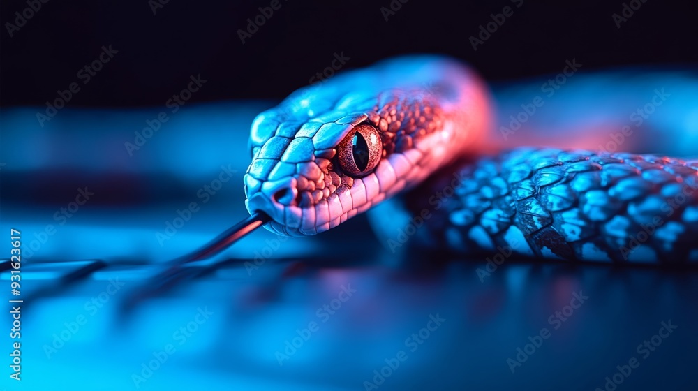 Poster wide-angle view of a digital tablet with a snake coiled around a stylus, symbolizing creativity with