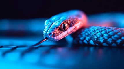 Wide-angle view of a digital tablet with a snake coiled around a stylus, symbolizing creativity with a twist of danger 