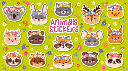 Cute animal stickers with flower crowns. Koala, rabbit, cat and deer, chick or pig. Bear raccoon, mouse and fox, puppy, sloth, panda or squirrel with hedgehog. Cartoon vector pets with floral wreaths © Buch&Bee