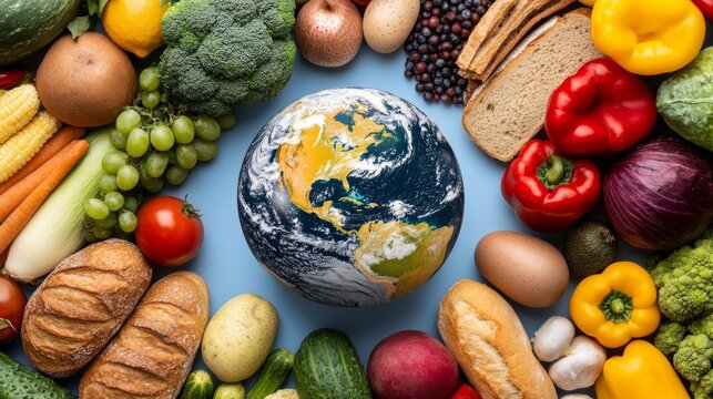 A globe surrounded by diverse food items bread rice fruits and vegetables all arranged on a plain background symbolizing global solidarity for food security 