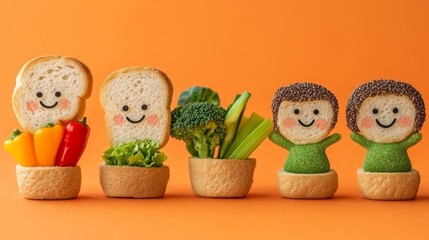 Adorable food figures resembling a group of children made from assorted fruits, veggies, and bread with expressive faces on a bright, cheery orange background 