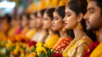 Beautifully decorated Durga pandal with elaborate lighting, floral arrangements, and vibrant statues surrounded by devotees offering prayers during Navratri 