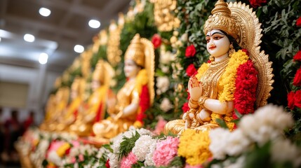 Fototapeta premium Beautifully decorated Durga pandal with elaborate lighting, floral arrangements, and vibrant statues surrounded by devotees offering prayers during Navratri 