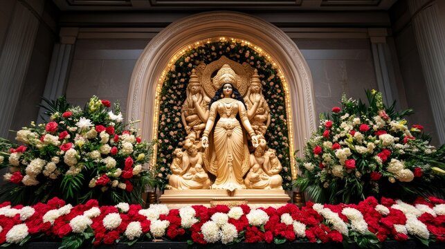 Beautifully decorated Durga pandal with elaborate lighting, floral arrangements, and vibrant statues surrounded by devotees offering prayers during Navratri 