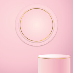 3D realistic empty light pink podium stand on dark brown background, product stand promotion, etc. Vector illustration