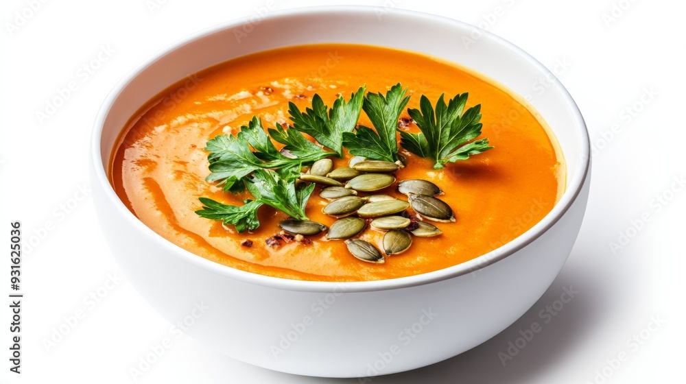 Sticker Close-up of a creamy pumpkin soup in a white bowl garnished with pumpkin seeds and parsley isolated on white background rich orange and green accents 