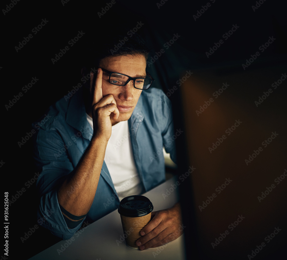 Poster programmer, computer and tired at night with coffee for programming, coding or cybersecurity researc