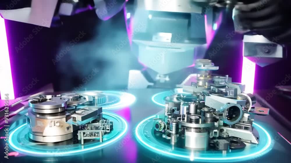 Poster advanced robotic components illuminated in a futuristic workshop generative ai