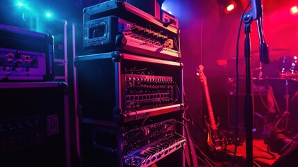 Backline Setup for a Live Performance. Features Essential Stage Equipment Including Amplifiers, Drum Kit, and Microphones, Arranged for a Concert or Music Event.