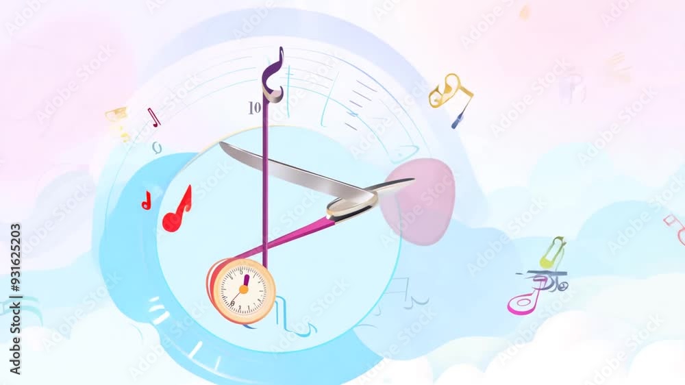 Poster colorful clock design with musical notes and clouds in the background generative ai