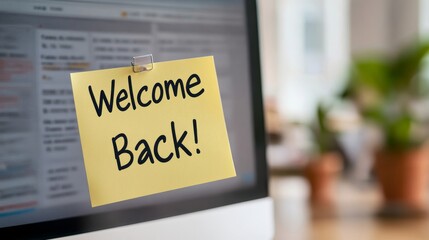 Fototapeta premium closeup of a computer screen displaying a full inbox, a sticky note saying Welcome Back! attached to the monitor, soft focus background, warm tones 