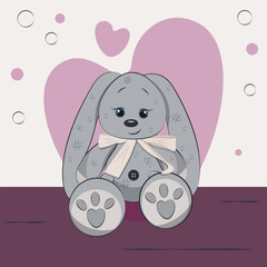 Soft plush bunny toy on a white background with hearts. Valentines day poster with cute rabbit. Vector illustration.