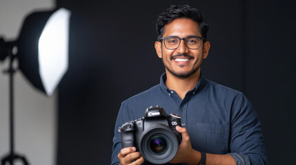 Indian male cameraman holding dslr camera