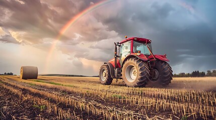Obraz premium A tractor plowing in the background of a hay bale under a stormy sky with a rainbow regardless of the weather agricultural work does not stop