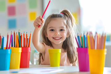 Photograph of a happy girl holding colored pencils in her hands, sitting at a table in a school classroom setting.