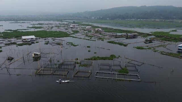 Morning Aerial view of Rawa Pening lake, Ambarawa, Central Java, Indonesia.
