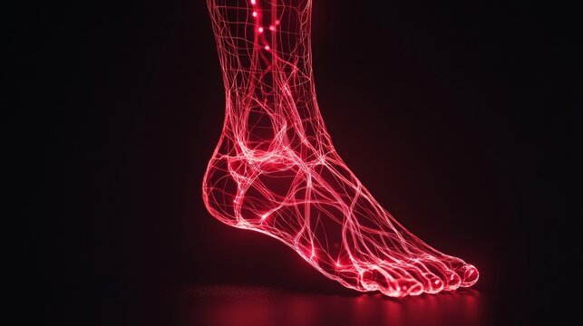 Glowing red nerve lines spreading from feet on dark gradient background symbolizing diabetic neuropathy pain and discomfort nerve damage illustration 