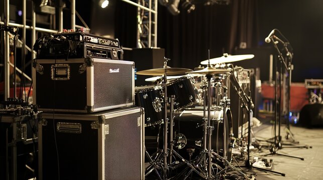 Backline Setup for a Live Performance. Features Essential Stage Equipment Including Amplifiers, Drum Kit, and Microphones, Arranged for a Concert or Music Event.