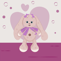 Soft plush bunny toy on a white background with pink hearts. Valentines day banner with cute rabbit. Vector illustration poster