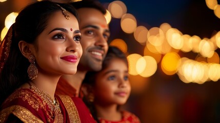 Obraz premium Indian family in festive attire joyfully shopping for gold and silver items in a bustling market with bright decorations and illuminated shops during Dhanteras 