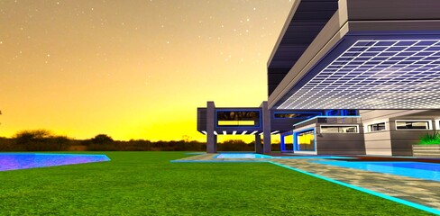 Bright orange-yellow pre-dawn sky behind a luxury high-tech estate with exterior lighting elements used as decor. 3D rendering.