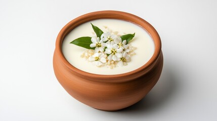 Isolated clay pot filled with milk delicately garnished with rice and white flowers on a white background representing the kheer prepared during Sharad Purnima 