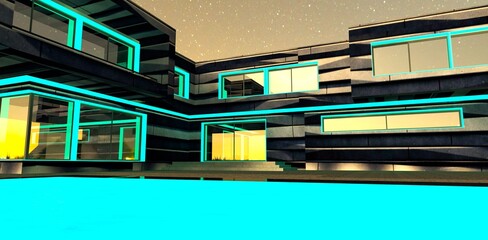 View from the pool with blue lighting, looking towards the courtyard of a modern private house with glowing facade elements in the pre-dawn hour. 3D rendering.