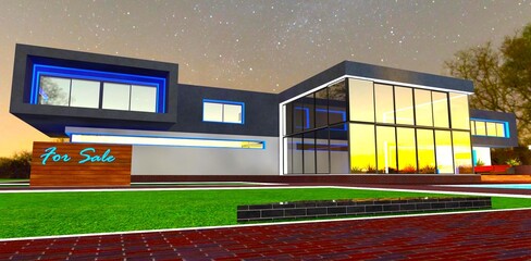Starry sky behind a recently completed country estate for sale. Wooden stand with a For Sale sign. 3D rendering.