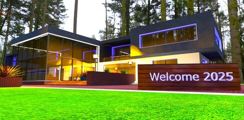 Welcome to 2025. Glowing sign on a wooden stand at the entrance to a luxury estate built in a primeval forest. 3D rendering.