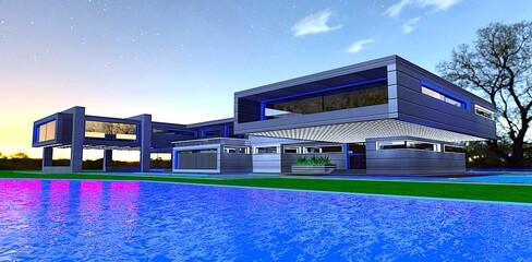 View from the surface of an artificial lake in front of an expensive designer estate at night. Cool color palette. 3D rendering.