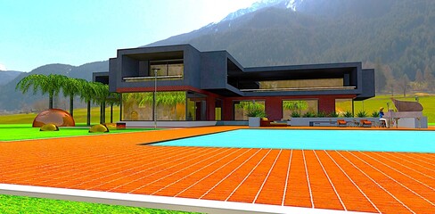 A wonderful house in the foothills of Kapet Dag in Turkmenistan. A girl plays the piano by the pool. 3D rendering.