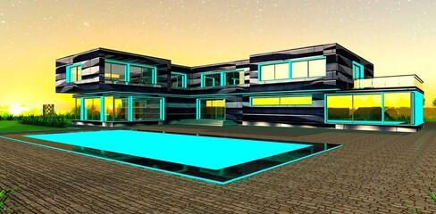 A blue pool with lighting creates a cozy and modern atmosphere in the courtyard of a luxurious high-tech estate early in the morning. 3D rendering.