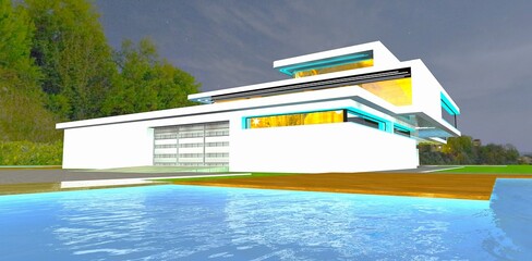 Amazing design of a recently constructed country estate with white walls. Elegant nighttime lighting near the pool. 3D rendering.