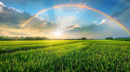 Amazing scene in summer green grassy meadows in fantastic evening sunlight a very beautiful rainbow...