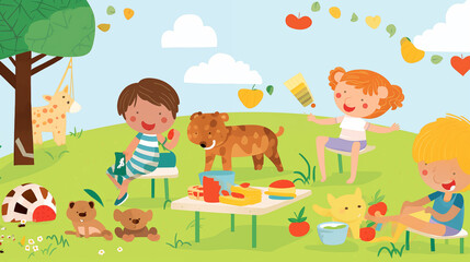 Children and Pets Enjoying a Picnic with Vibrant Colors and Playful Surroundings