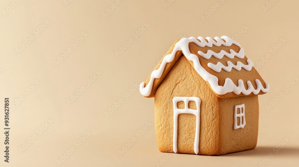 Sticker Minimalist gingerbread house with clean lines and simple icing, isolated on a gradient background shifting from light beige to cream, with plenty of negative space 