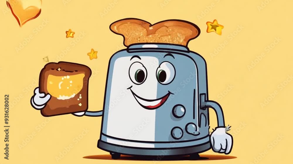 Poster cheerful cartoon toaster holding golden toast with butter generative ai