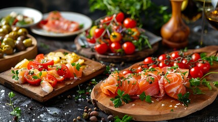 Appetizers with different antipasti charcuterie snacks meat platter with cheese and spicy olives salmon carpaccio and tomato salad