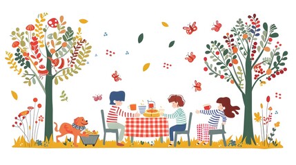 Family Picnic in Autumnal Park with Lunchbox  Blanket and Seasonal Decor