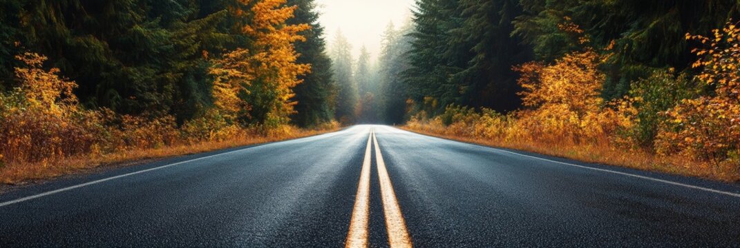 Misty morning light filters through fiery fall foliage casting a warm glow on a remote Pacific Northwest road creating a picturesque autumnal backdrop with ample space for text 